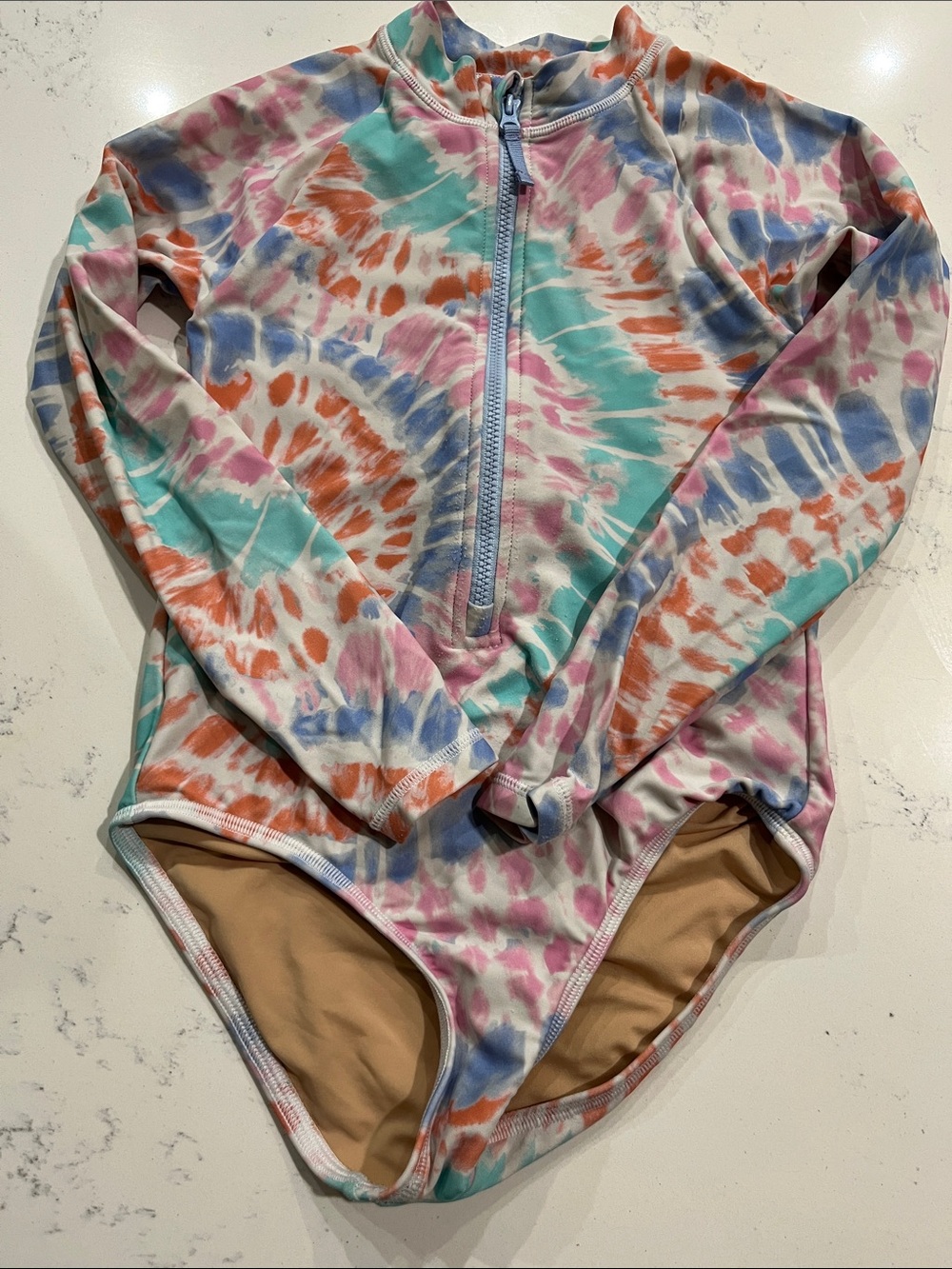 Long Sleeve Tie-Dye Zip Front One-Piece Swimsuit - Pastel Multicolor
